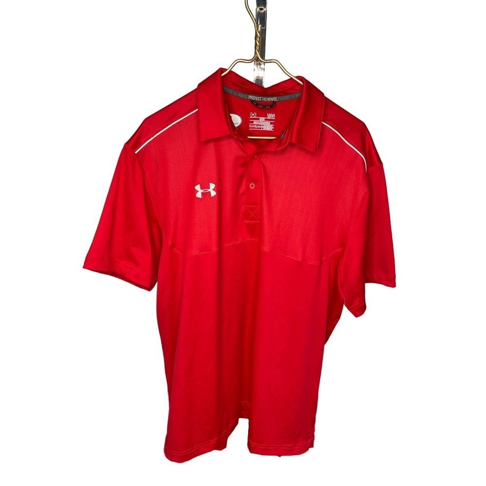 LARGE Loose Fit Under Armour Bright Red Golf Polo SS Shirt Mens